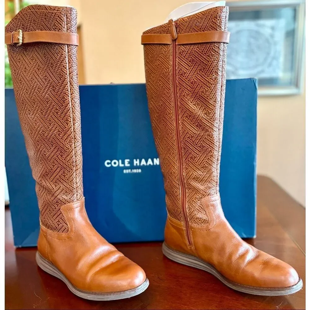 COLE HAAN - L Sz 6B Original Grand OS Woodbury-Weave Leather Tall Boots/Cognac